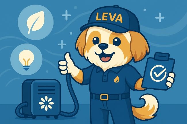 Leva the HVAC mascot promoting air quality and energy efficiency with a checklist and purifier