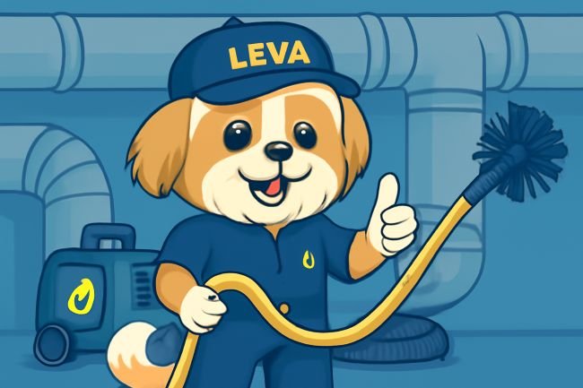 Leva the HVAC dog cleaning air ducts with a rotary brush and vacuum in a duct-filled room