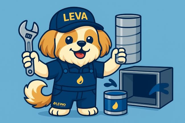 Leva the HVAC mascot repairing and sealing ducts with a wrench and sealant near an open duct vent