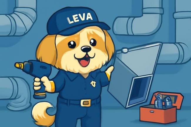 Leva the HVAC dog technician replacing a metal duct with a drill in an equipment room