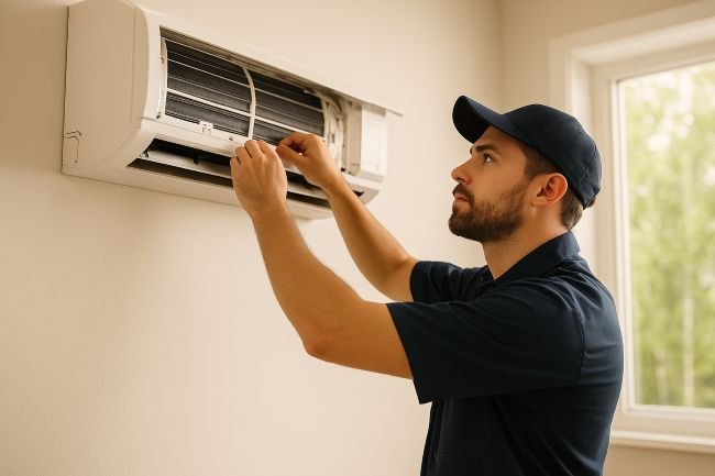 HVAC technician inspecting a wall-mounted air conditioning unit inside a modern home