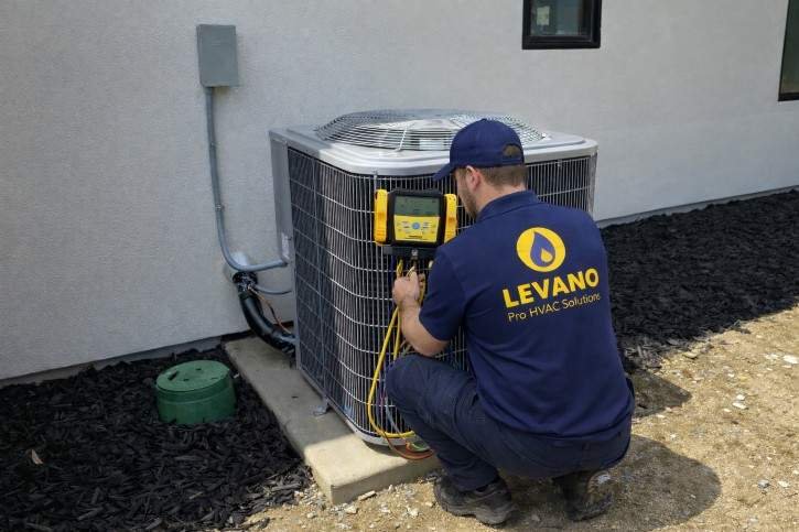 HVAC technician inspecting a newly installed outdoor heat pump in Sacramento, CA