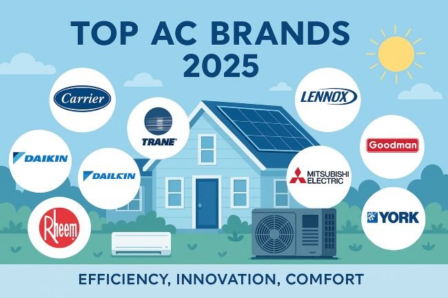Best air conditioner brands in 2025 including Carrier, Trane, Lennox, Daikin, and Mitsubishi Electric, illustrated in a modern infographic with energy efficiency icons.