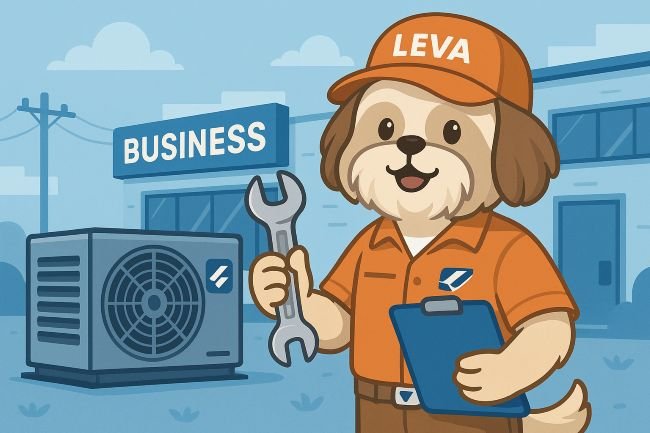 Leva the HVAC dog technician standing in front of a commercial building with HVAC tools