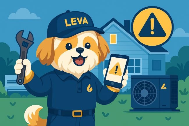 Leva the HVAC dog technician responding to an emergency with a phone and wrench near a home