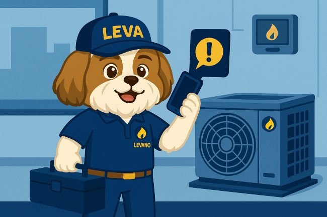 Leva the HVAC mascot holding a phone and toolbox in a business HVAC emergency scene