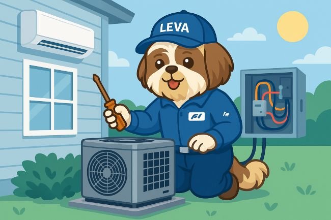 Leva the HVAC dog installing an outdoor AC unit next to a house