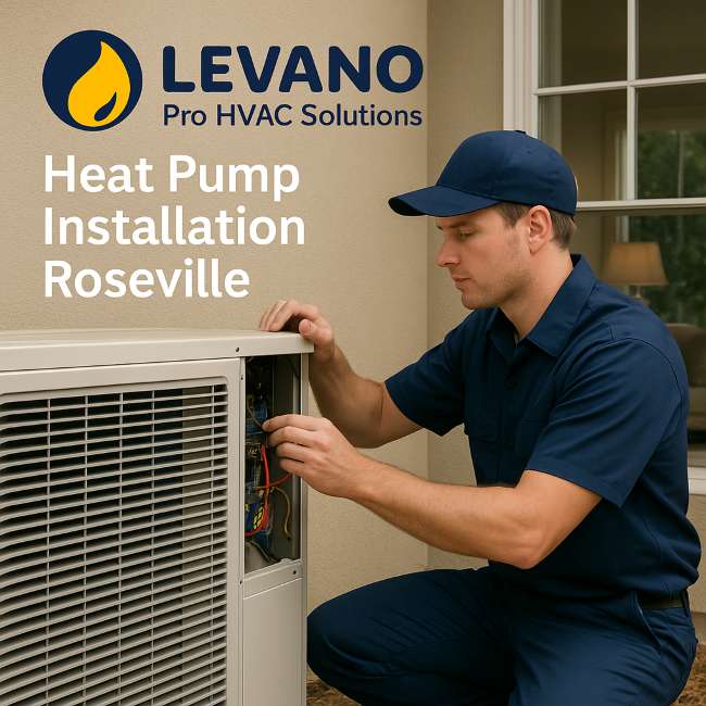 Levano Pro HVAC technician connecting the wiring on a new heat pump outdoor unit beside a Roseville home
