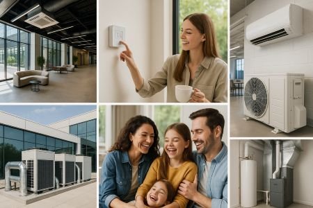 Collage of residential and commercial HVAC elements, including happy families, modern thermostats, clean equipment, and efficient ductwork installations.