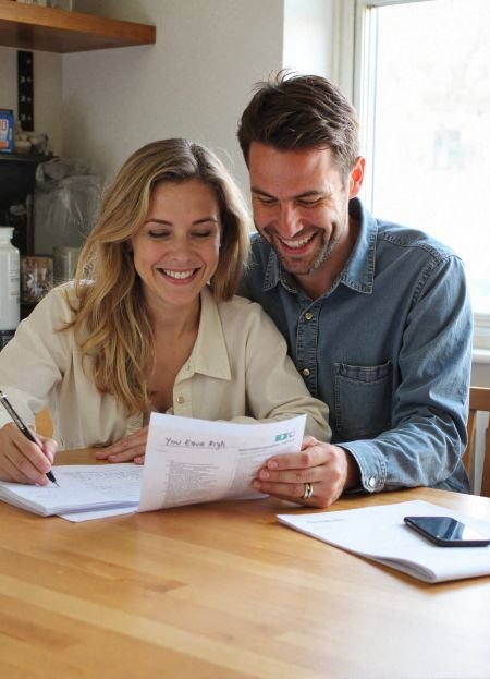 Smiling couple reviewing energy bill at home after HVAC maintenance