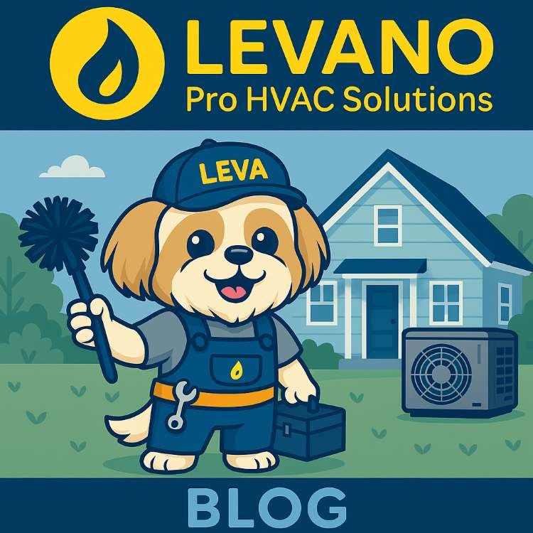 Leva the Shih Tzu mascot of Levano Pro HVAC Solutions smiling and holding tools in front of a suburban home and air conditioning unit, with the company logo above and the word "BLOG" below.