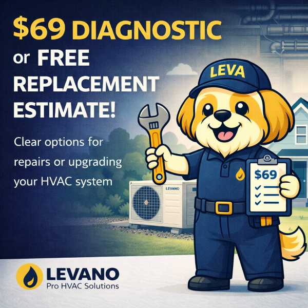Levano mascot LEVA in an HVAC uniform promoting a $69 diagnostic or free replacement estimate for heating and cooling service.