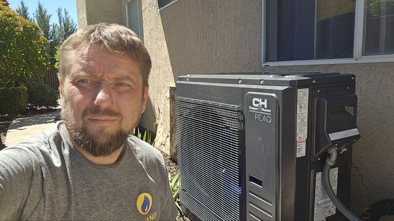 Levano Pro HVAC owner beside a newly installed Cooper and Hunter inverter outdoor unit at a Sacramento-area home