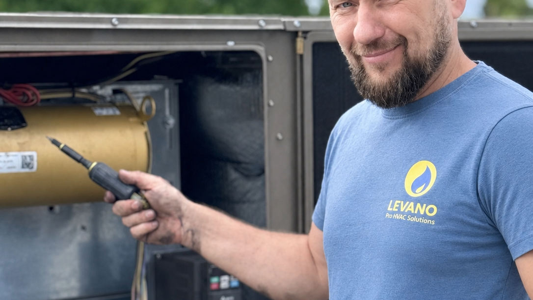 Levano Pro HVAC technician holding a test probe beside an open HVAC unit